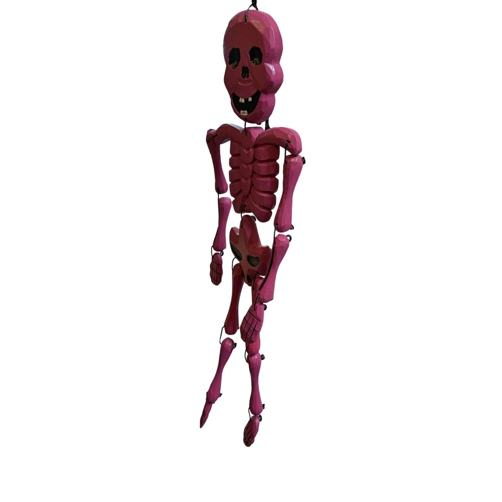 Pink Hand Carved Wooden Skeleton Marionette Articulated Folk Art Puppet Decor